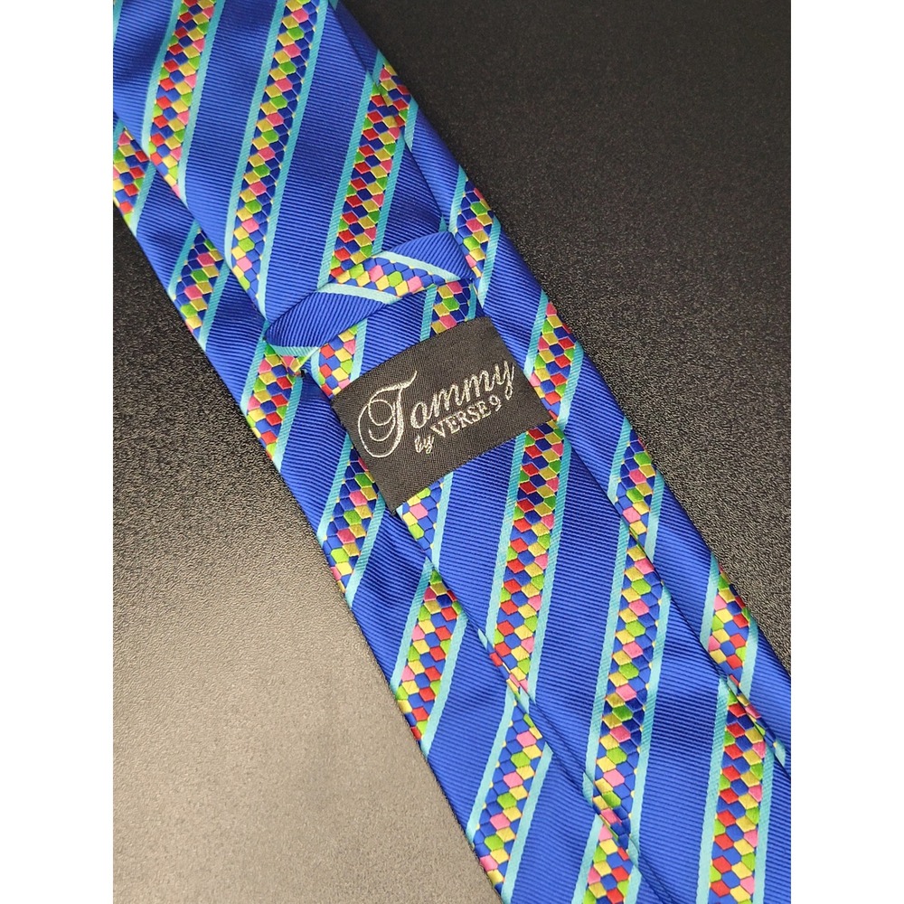 Tommy by Verse 9 Tie Pocket Square Set Blue Geometric Stripe Silk
